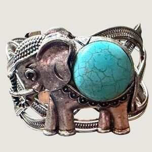 Vintage Silver Tone Elephant Cuff Bracelet Faux Turquoise Braided